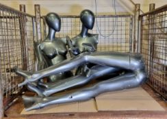2x metallic grey plastic female mannequins with detachable limbs
