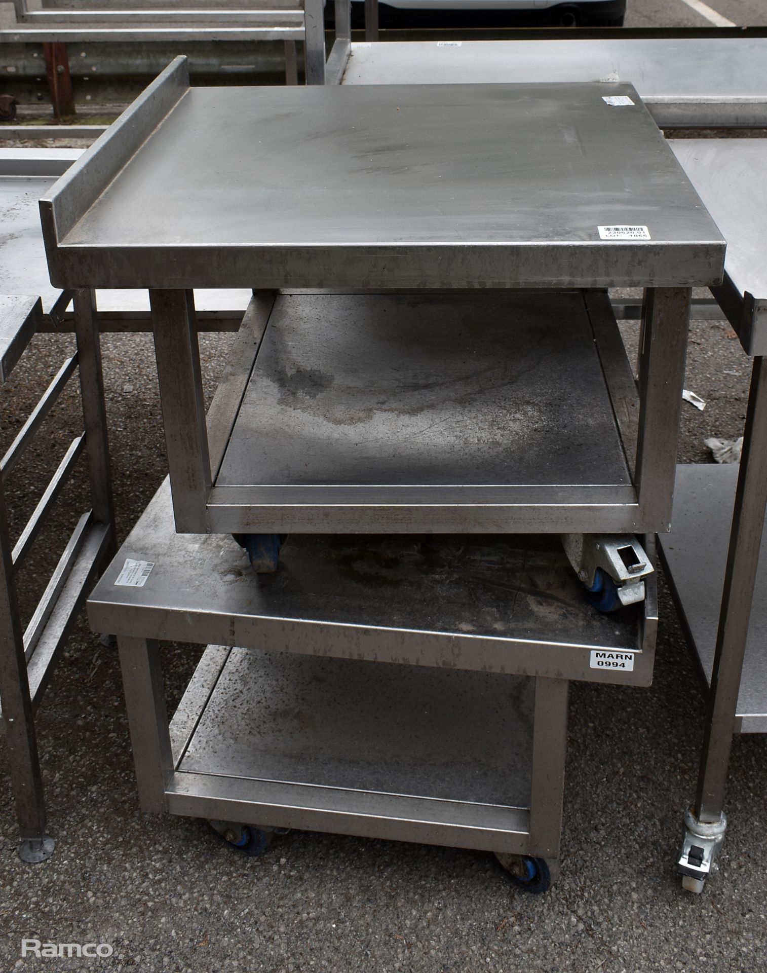 2x Stainless steel 2 tier trolleys with upstand - dimensions: 700 x 700 x 550mm