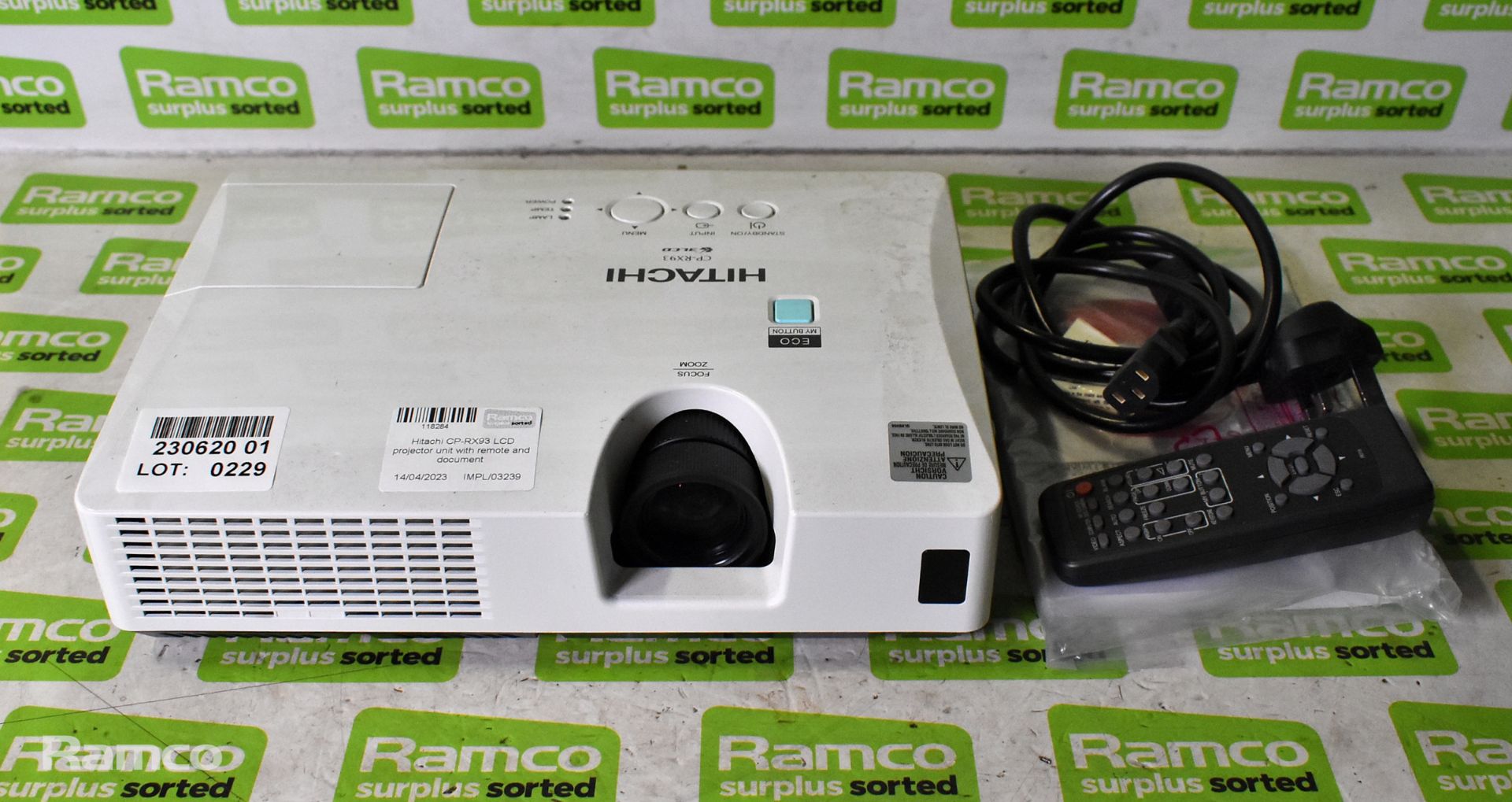 Hitachi CP-RX93 LCD projector unit with remote and document