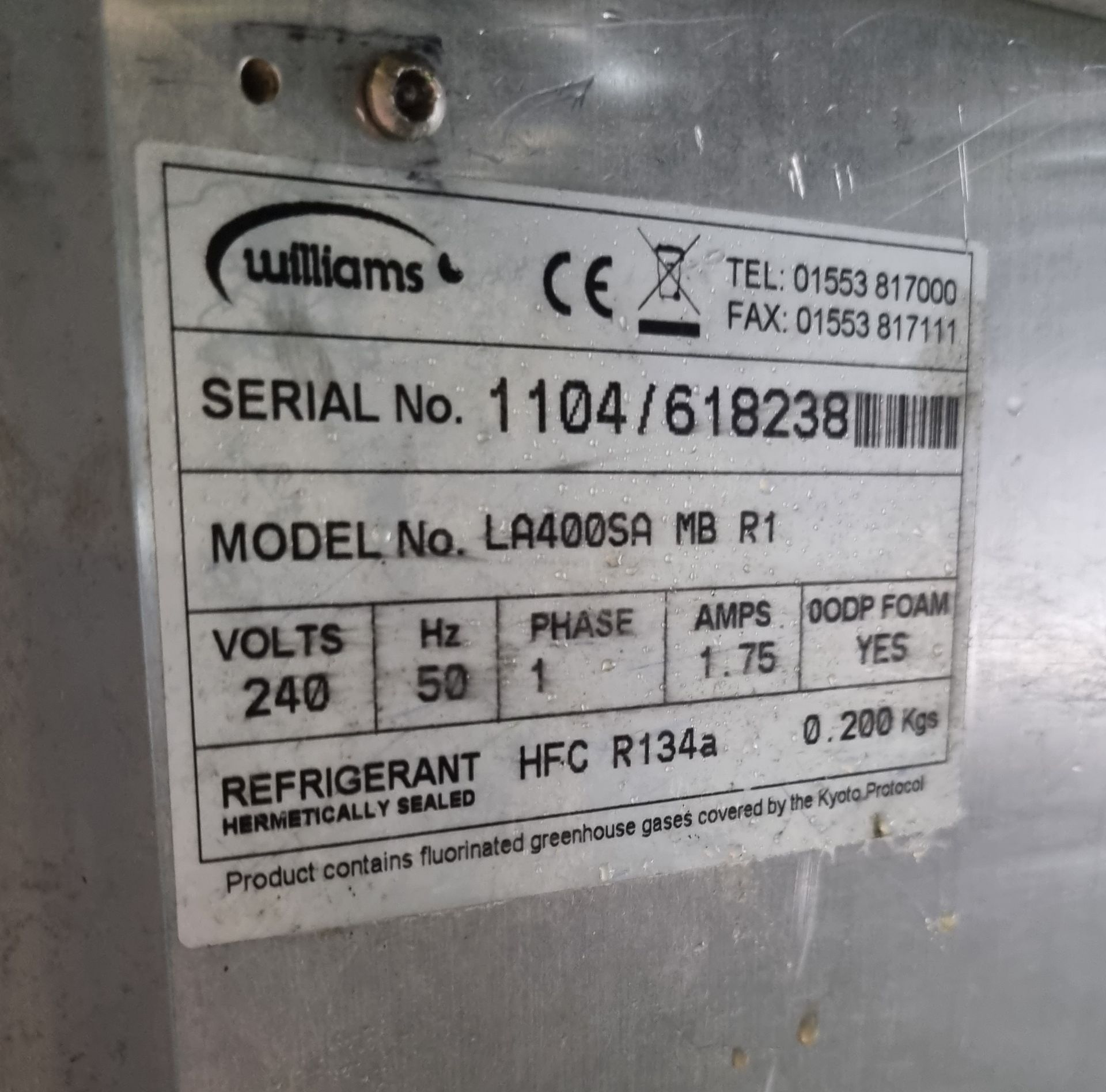 Williams LA400SA MB R1 stainless steel single door upright freezer - W 645 x D 650 x H 1830mm - Image 3 of 4