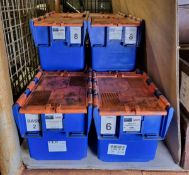 10x Blue storage box tote bins with folding orange lids - W 200 x D 300 x H 200mm each