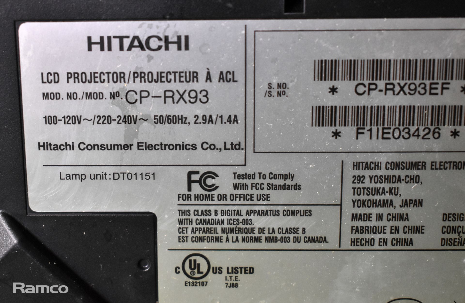 Hitachi CP-RX93 LCD projector unit with remote and document - Image 4 of 4