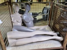1x Beige plastic female mannequin with detachable limbs, 1x Matte grey plastic female mannequin
