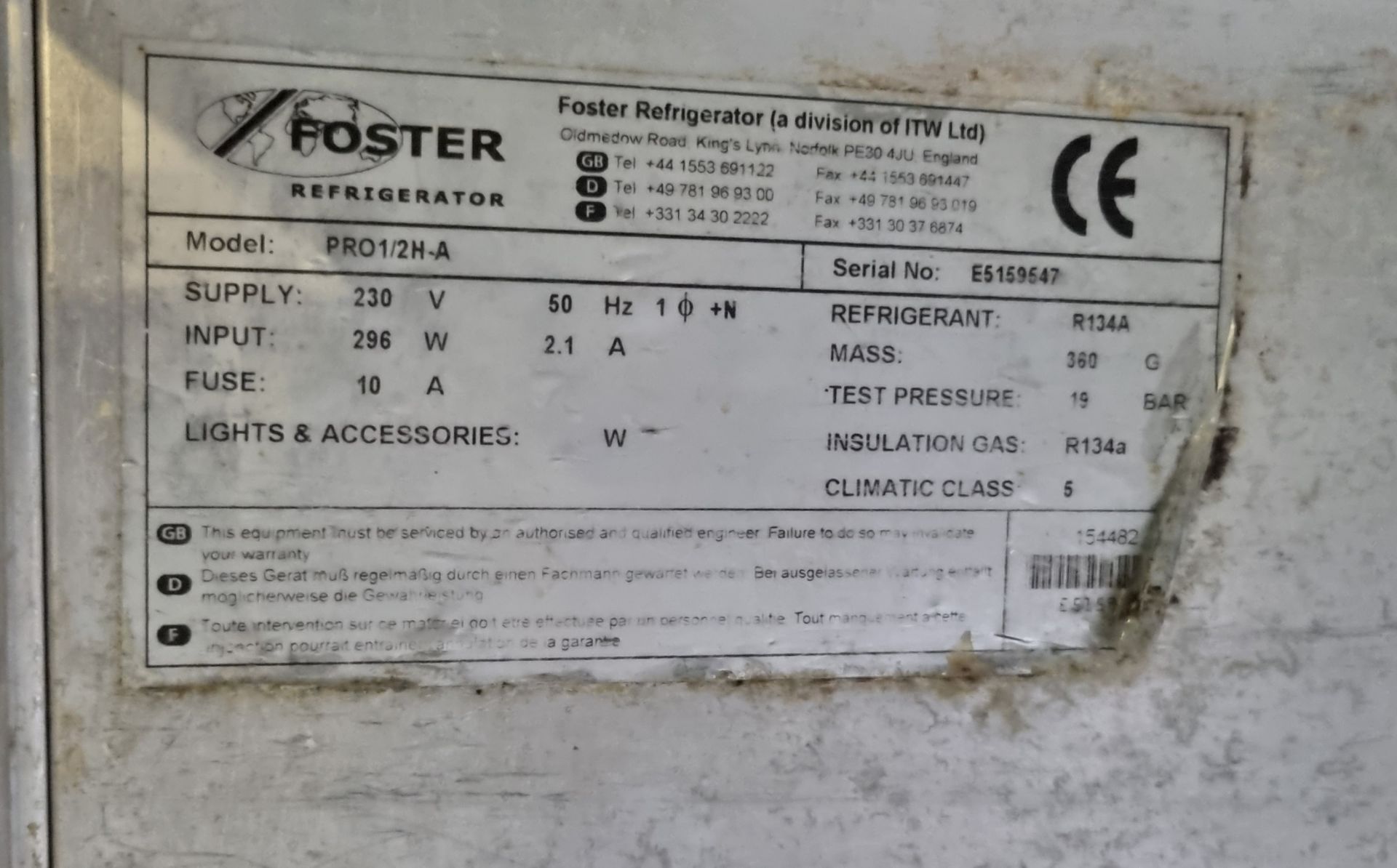 Foster PRO1/2H-A stainless steel double door counter fridge - W 1415 x D 705 x H 895mm - Image 4 of 5