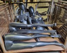 2x Metallic grey plastic female mannequins with detachable limbs