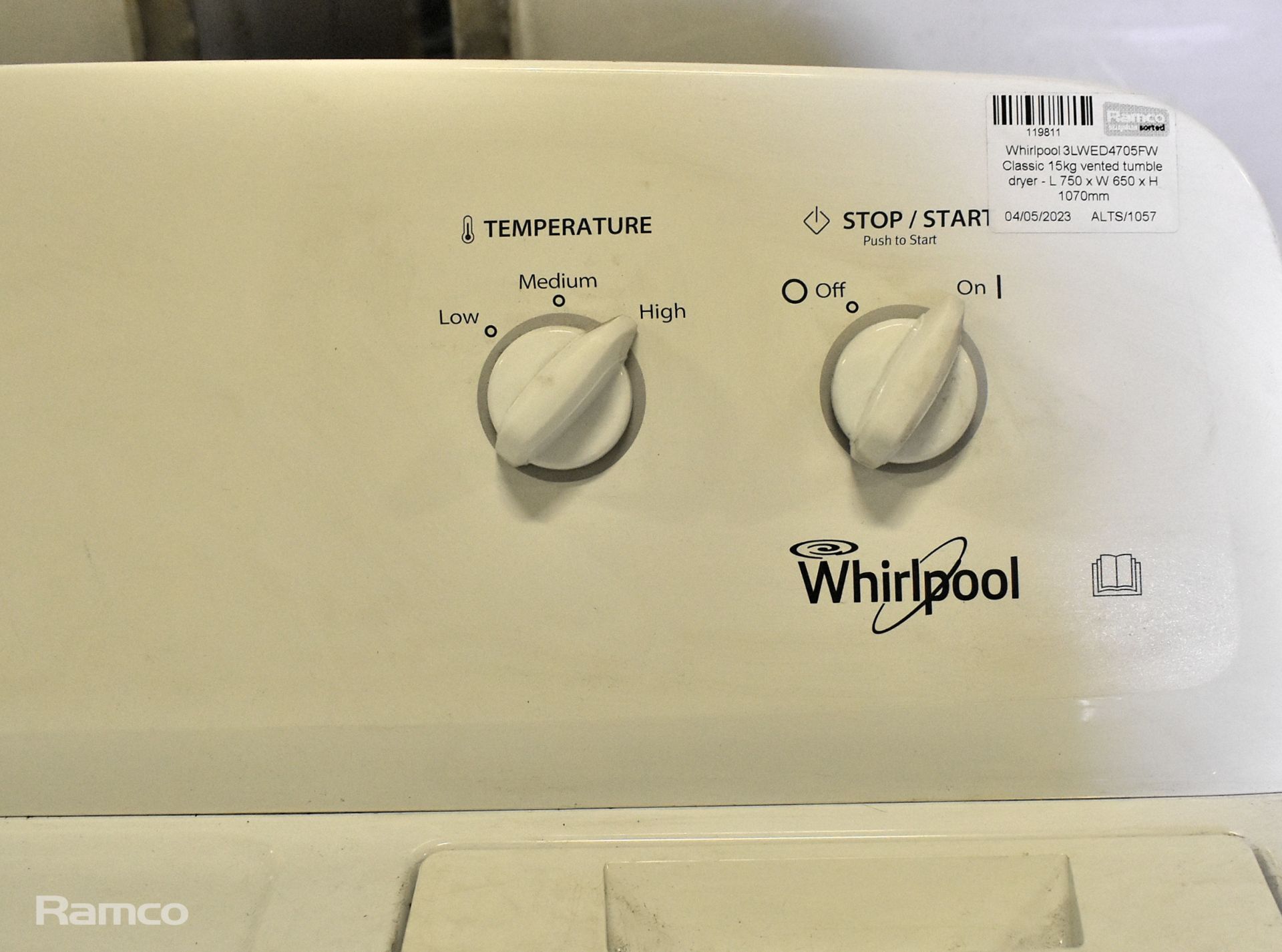 Whirlpool 3LWED4705FW Classic 15kg vented tumble dryer - L 750 x W 650 x H 1070mm - Image 3 of 5