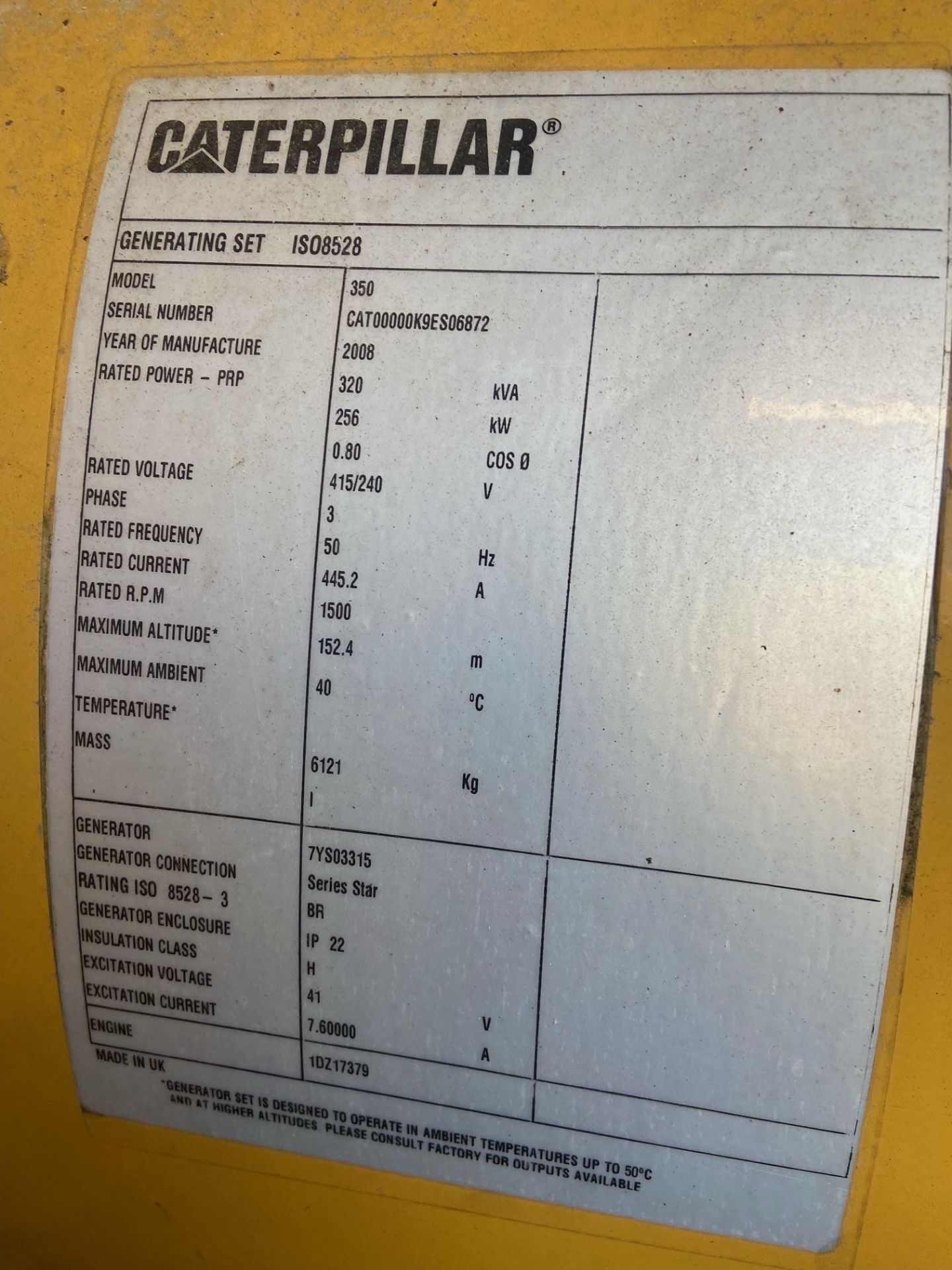 Caterpillar 320KVA 256kW generator - 445Amps per phase @ 415v - 50Hz - 1500rpm - 2004 YOM - Image 7 of 15