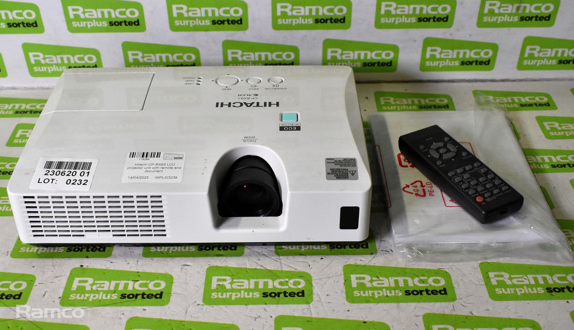 Hitachi CP-RX93 LCD projector unit with remote and document