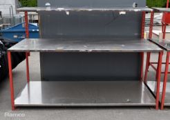 Steel framed workshop table with stainless steel counter top, bottom shelf and upper shelf - W 2000