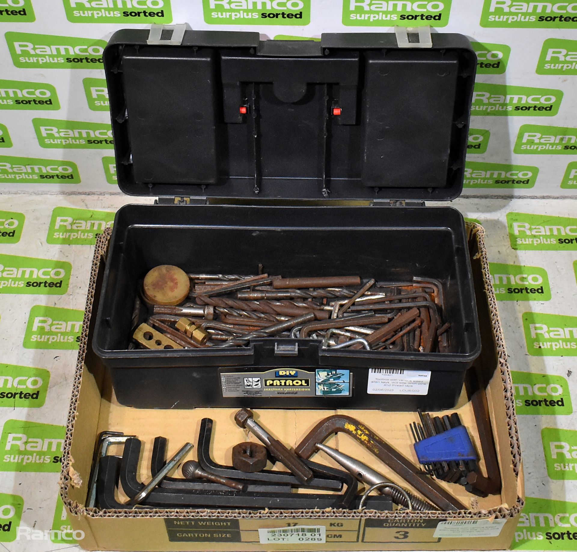 Toolbox with various sized allen keys, drill bits, linch pins and thread taps