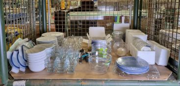 Catering equipment : plates, dishes, bowls, utensils, jars with candle lights