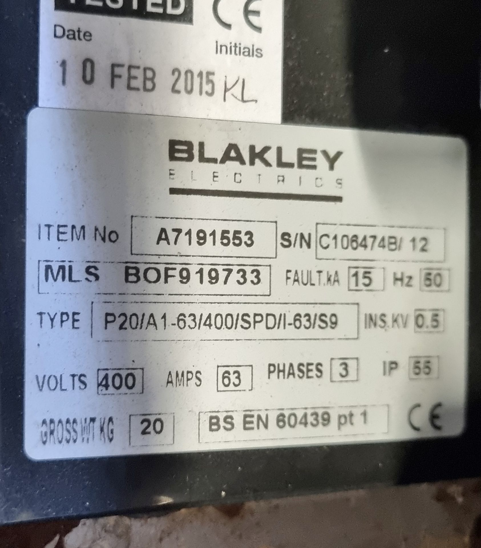 Blakley A7191553 P20/A1-63/400/SPD/I-63/S9 - 50Hz - 400V - 63A - 3 ph - serial number C106474B/12 - Image 3 of 4