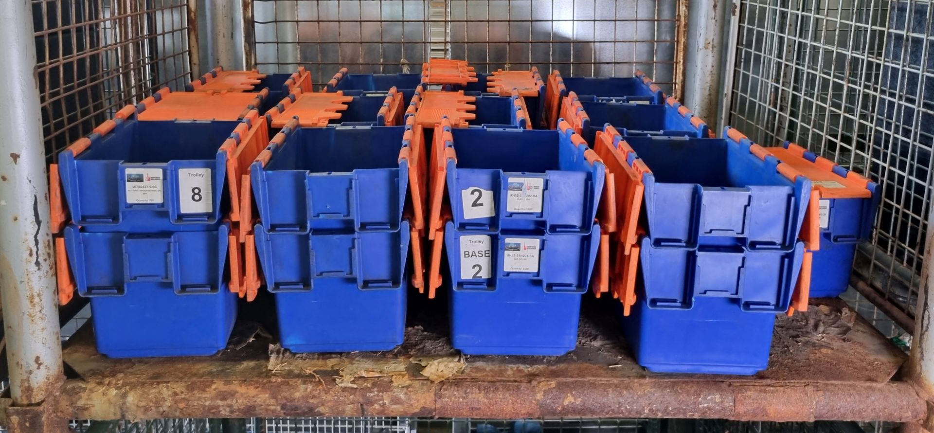 25x Orange and blue stackable tote bins with folding lids - W 200 x D 300 x H 200mm