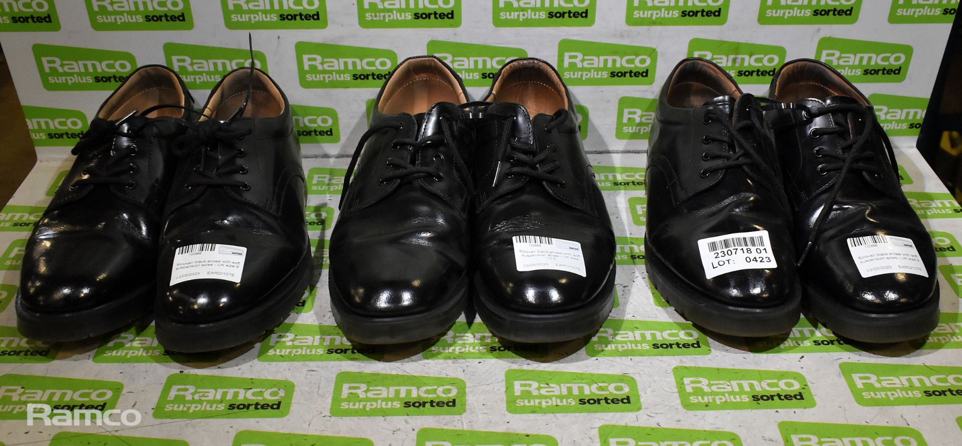 3x pairs of Solovair black shoes with soft suspension soles - 2x UK size 9, 1x UK size 10.5
