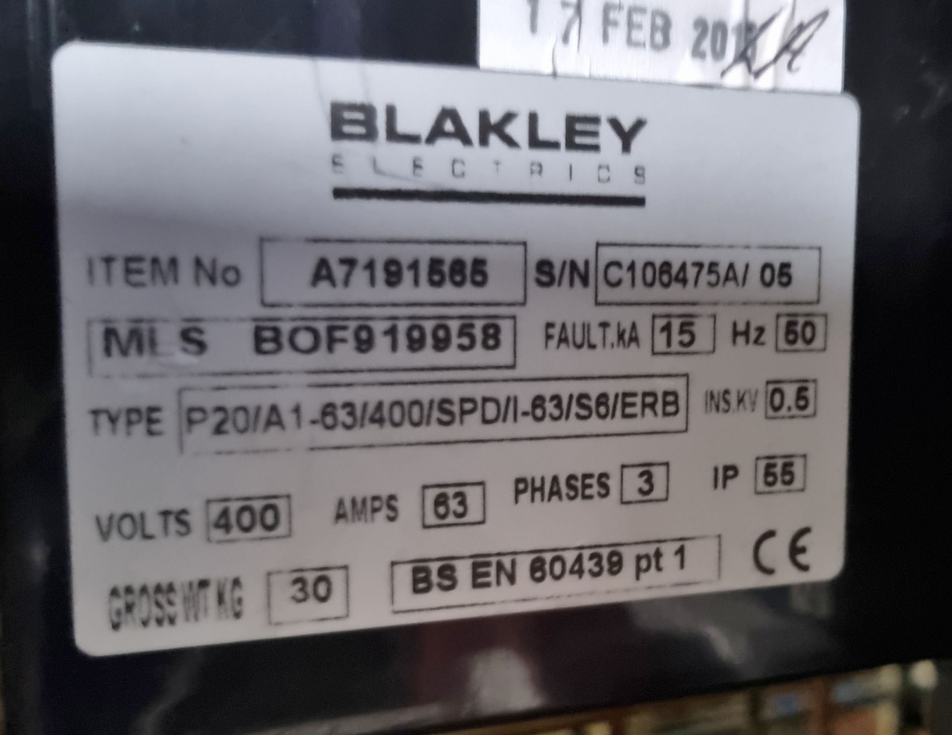 Blakley A7191565 P20/A1-63/400/SPD/I-63/S6/ERB unit - 400V - 3ph - 63A - 50Hz - Image 4 of 4