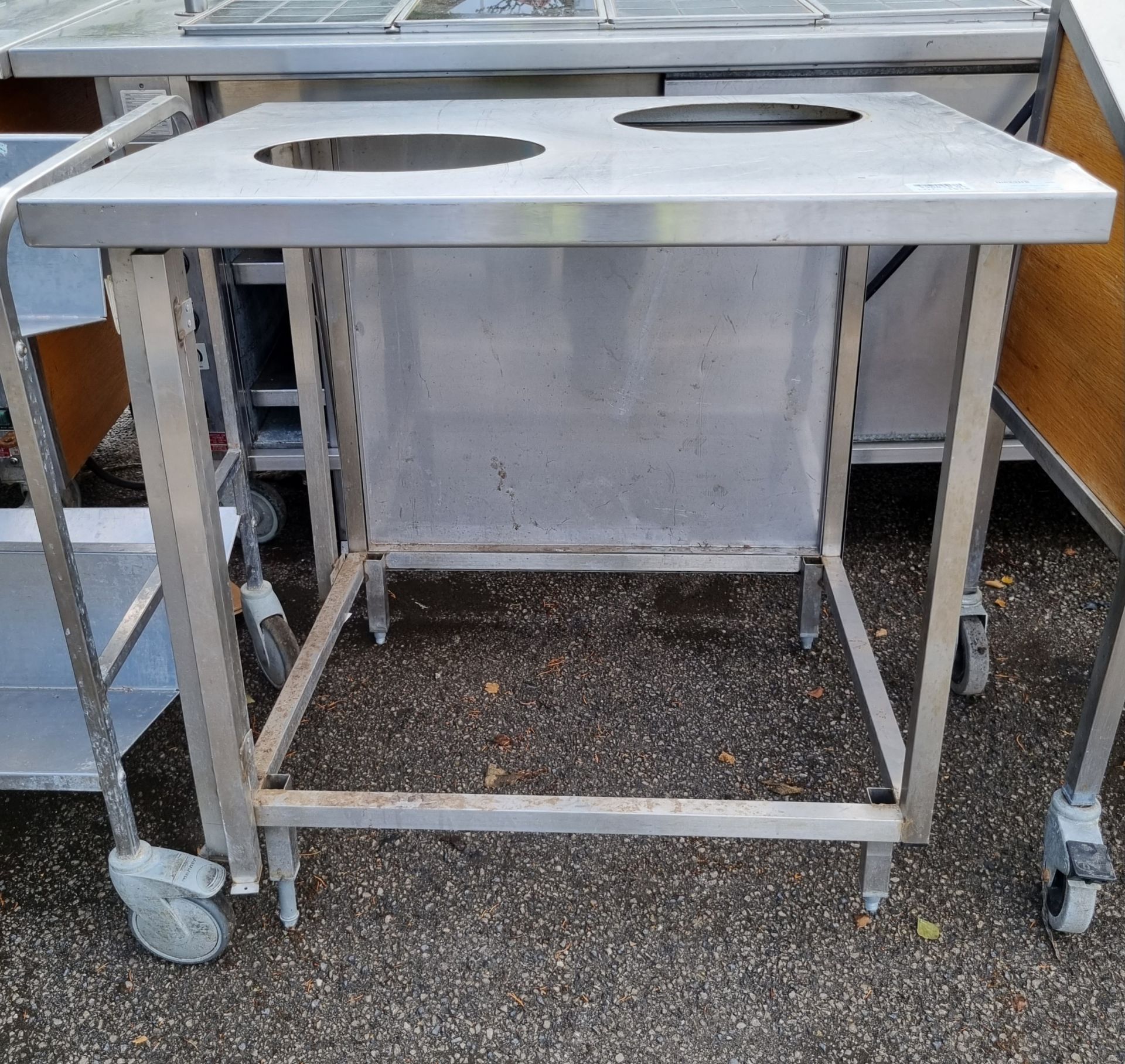 Stainless steel table with holes in top - L850 x D920 x H900mm