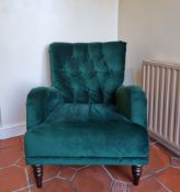2x luxurious armchairs - 1x Purple armchair W 1350 x D 820 x H 850mm, 1x Green armchair W 750