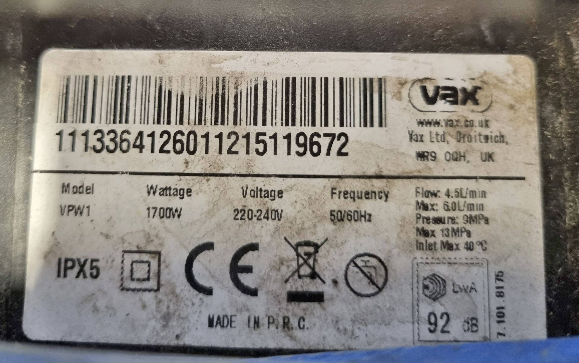 Vax Powerwash 1700W pressure washer 240V - Image 6 of 6