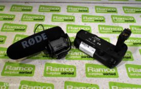 Rode VideoMic Pro camera microphone unit, Canon BG-E11 battery camera grip