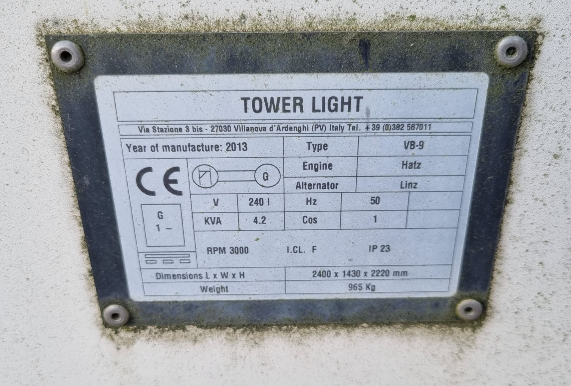 Towerlight VB9 4x400W metal halide lighting tower - Hatz 1B20-4 diesel engine - Linz E1C10S F gen - Image 6 of 18