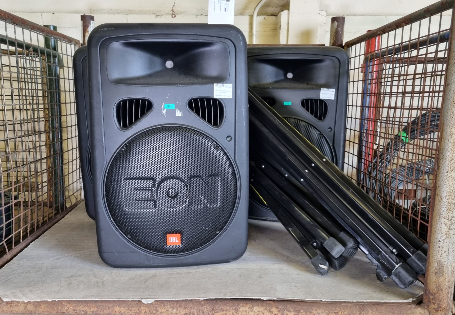 3x JBL EON15 G2 PA speakers with stands