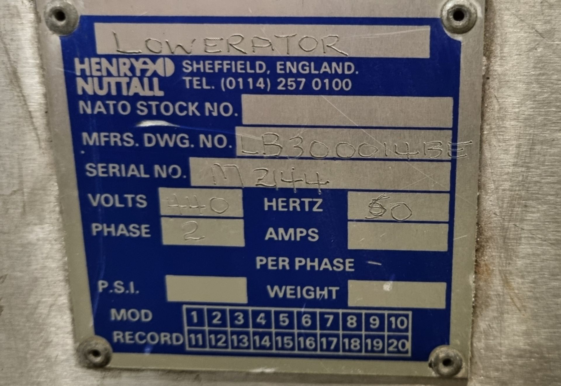 Henry Nuttall Lowerator 2 phase 440V plate warmer dispenser - L 800 x W 400 x H 700mm - Bild 5 aus 6