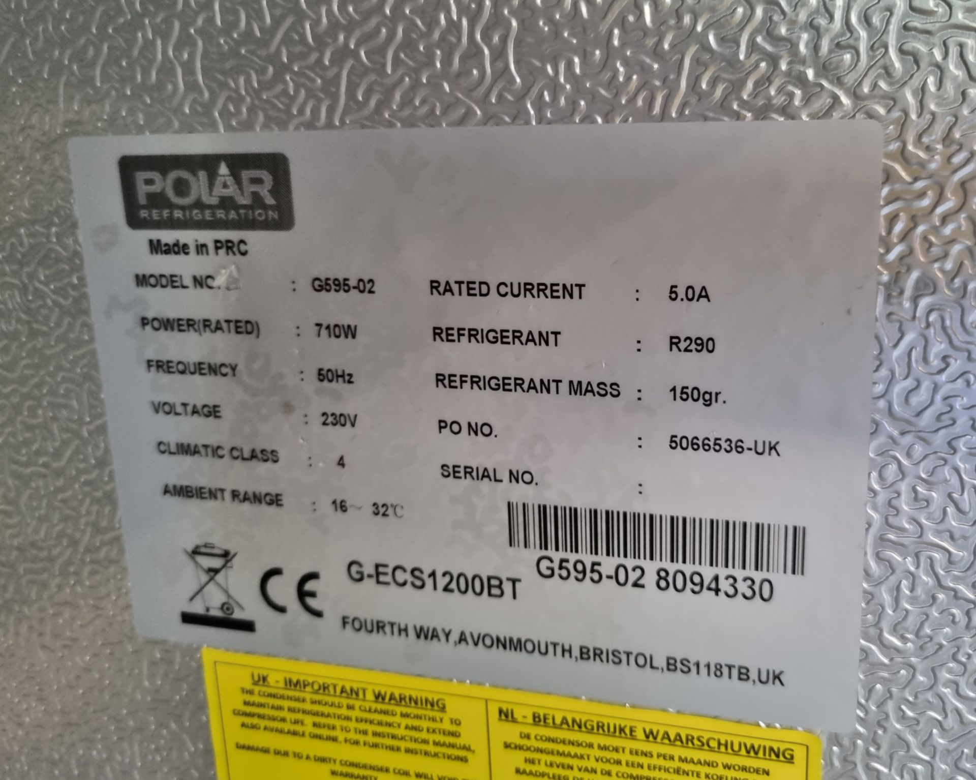 Polar G595-02 stainless steel upright 2 - door freezer 1200 ltr - W 1340 x D 840 x H 1980 mm - Image 4 of 5