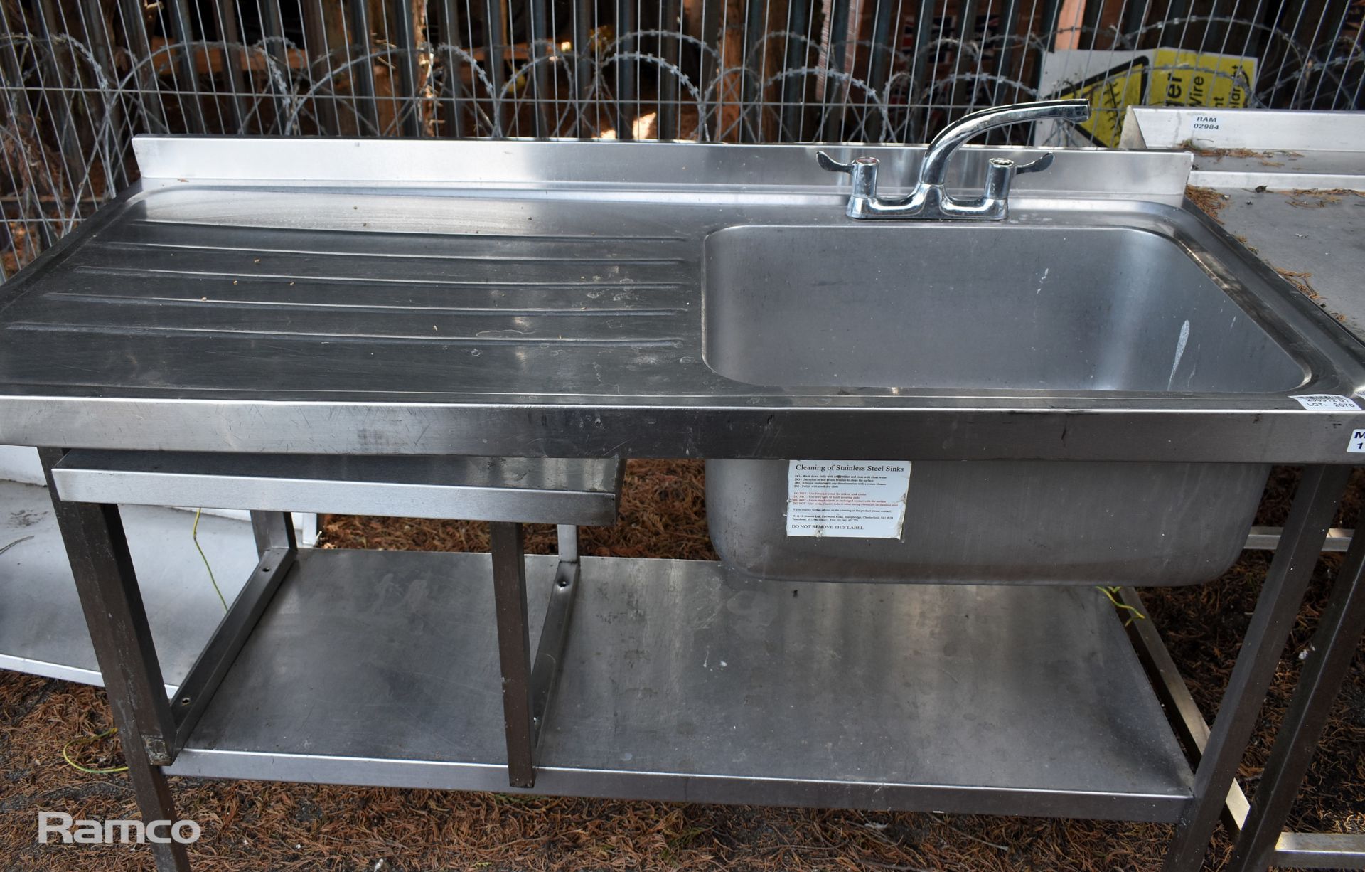 Stainless steel sink unit with shelf - W 1520 x D 520 x H 1050mm