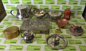 12x Brass and stainless dinner accessories - tea caddy - plates - bowls