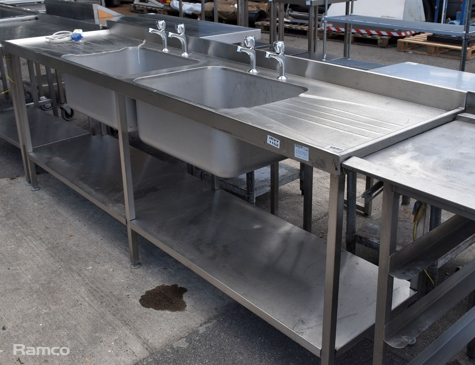 Stainless steel large double sink unit with lower shelf - W 2400 x D 650 x H 1030mm - Image 3 of 6