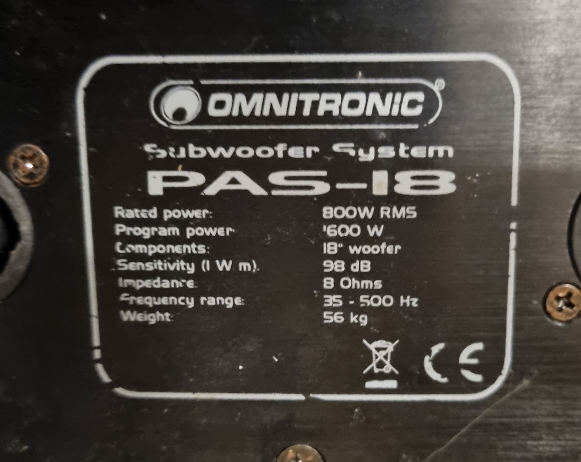 2x Omnitronic PAS-18 18inch Subwoofers - 600W 98db - 35/500 Hz - L 520 x W 600 x H800mm - Bild 4 aus 4