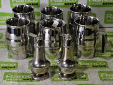 6x Stainless steel tumblers, EPNS salt and pepper shakers