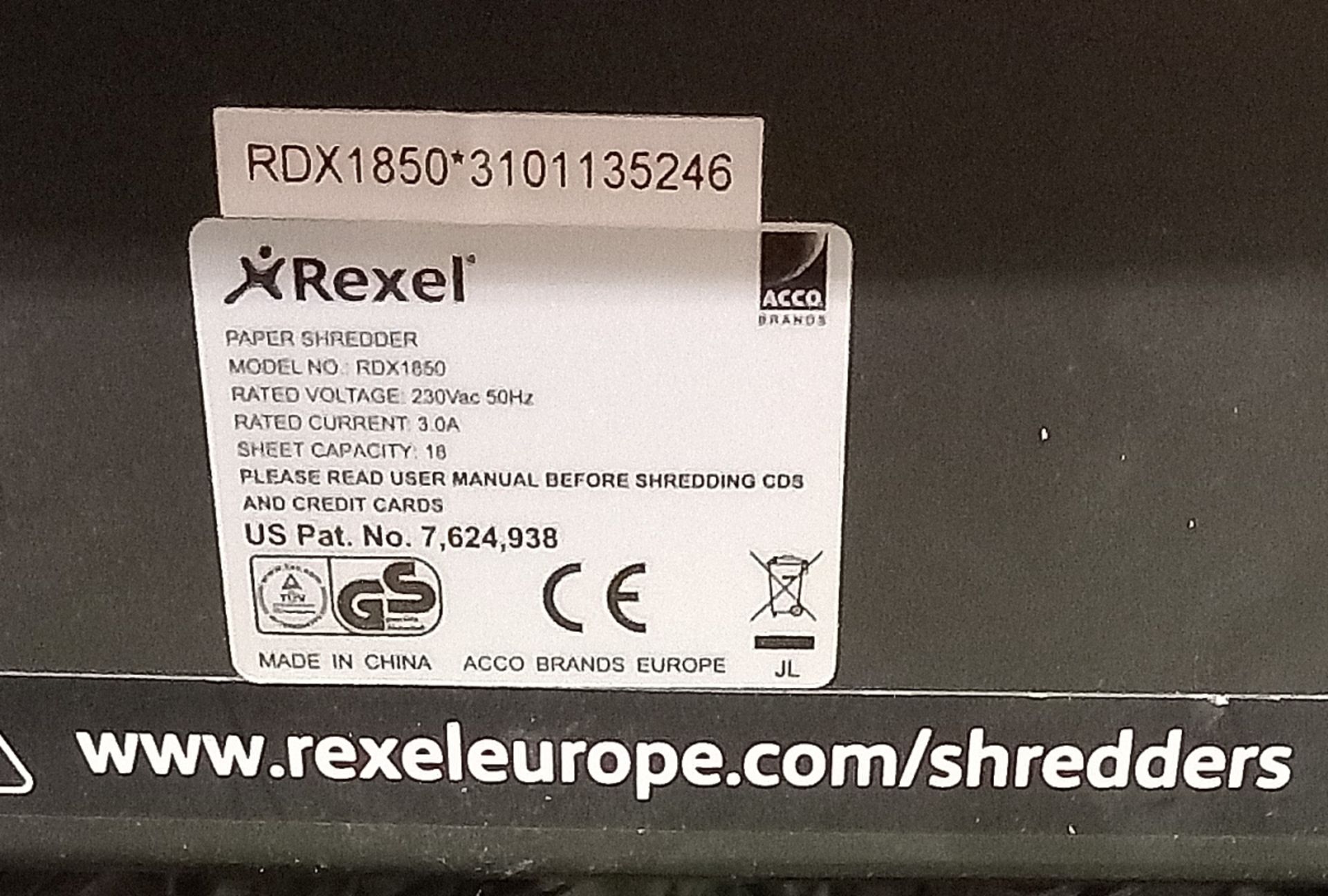 Rexel RDX1850 large paper shredder - 18 sheet capacity - MISSING MAIN ON/OFF BUTTON - Bild 3 aus 8