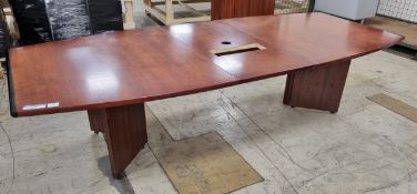 Rosewood 3 part sectional boardroom table on pedestal - L 2900 x W 1300mm & 2x Rosewood 4 door board