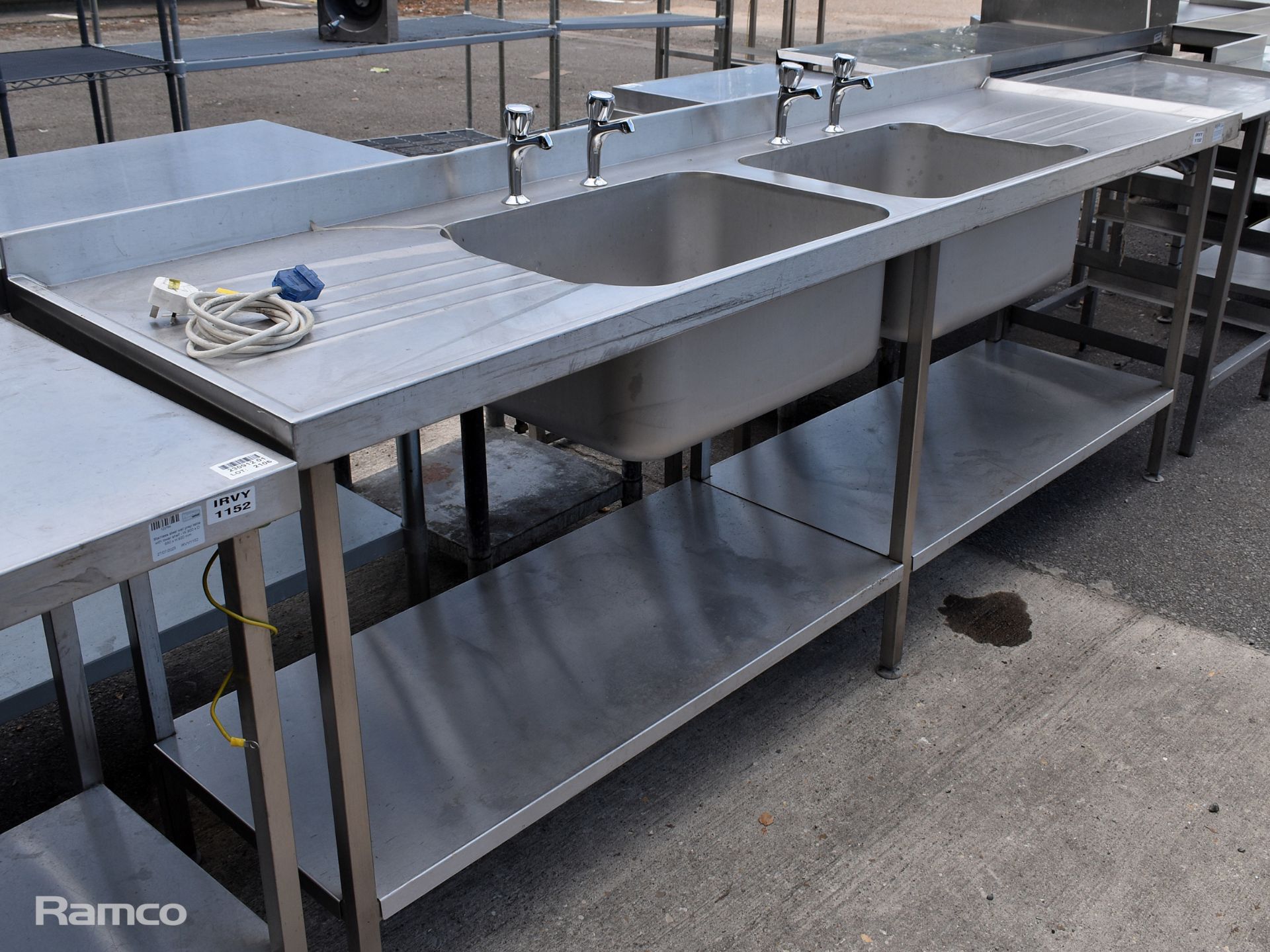 Stainless steel large double sink unit with lower shelf - W 2400 x D 650 x H 1030mm - Image 2 of 6