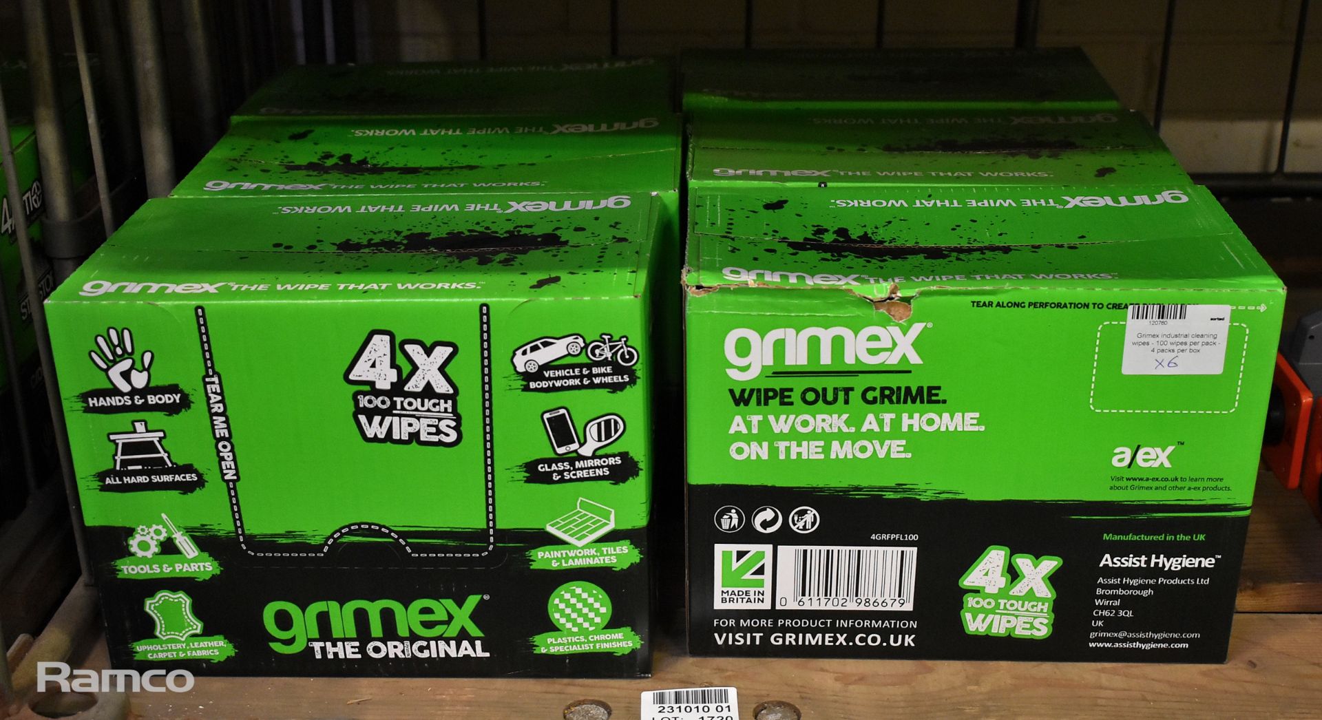 6x boxes of Grimex industrial cleaning wipes - 100 wipes per pack - 4 packs per box - Image 2 of 2