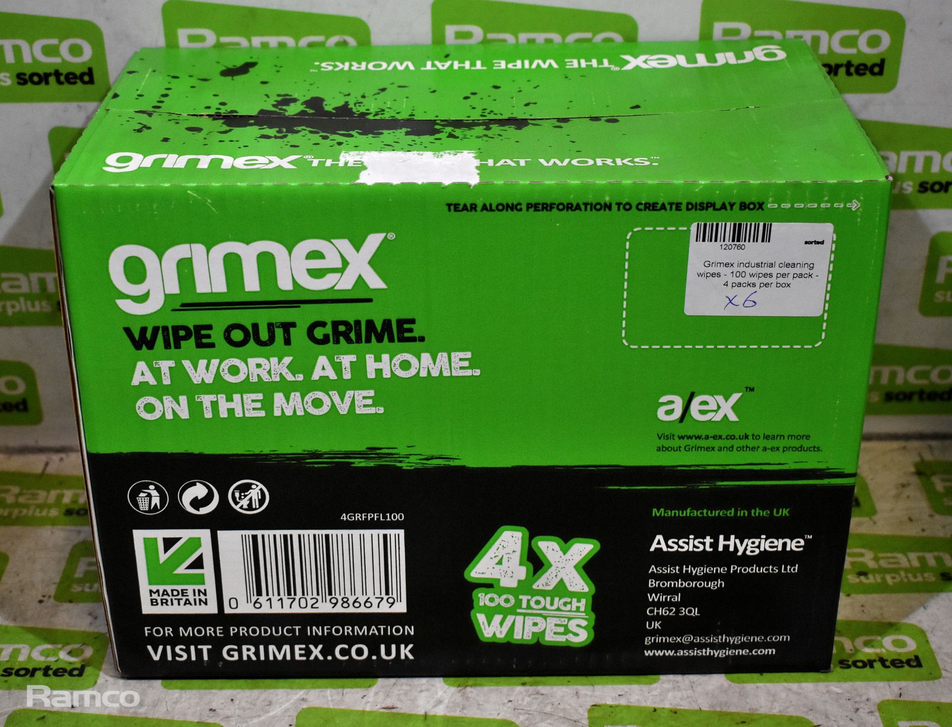 6x boxes of Grimex industrial cleaning wipes - 100 wipes per pack - 4 packs per box