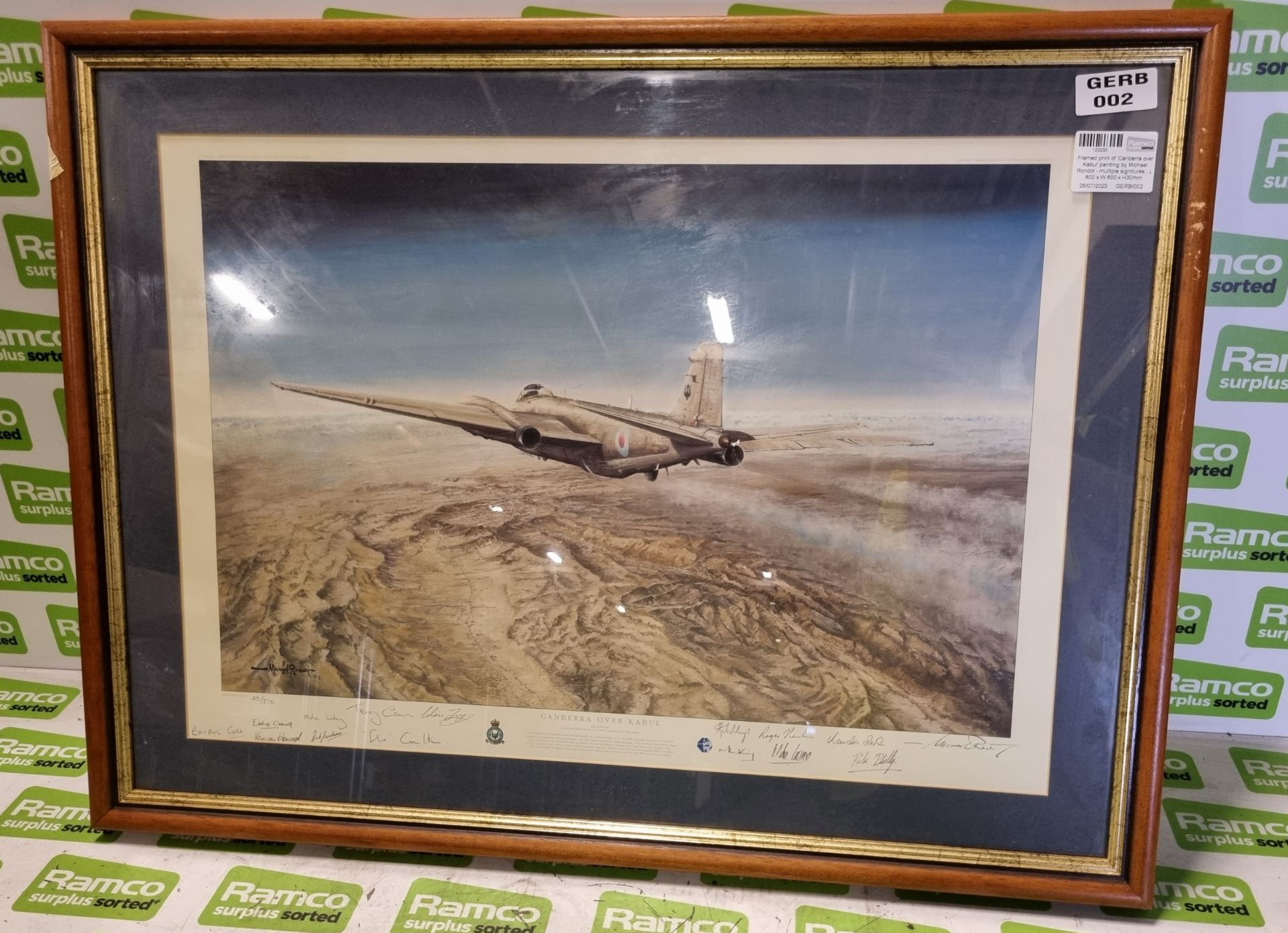 Framed print of 'Canberra over Kabul' painting by Michael Rondot - multiple signatures