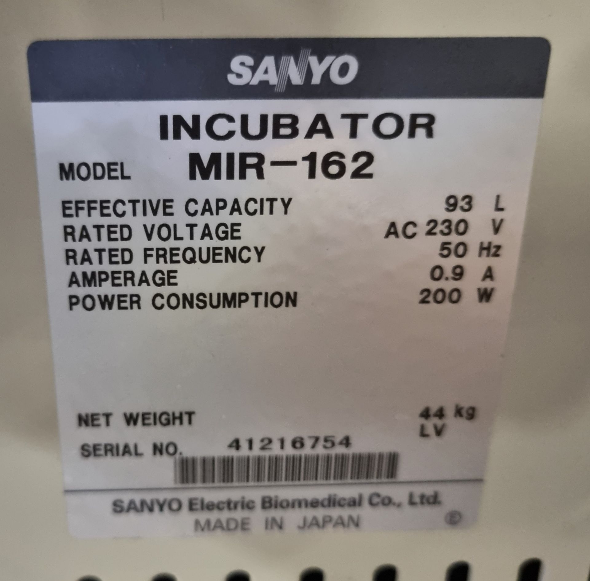 Sanyo MIR-162 single door incubator - W 580 x D 600 x H 830mm - Bild 6 aus 6