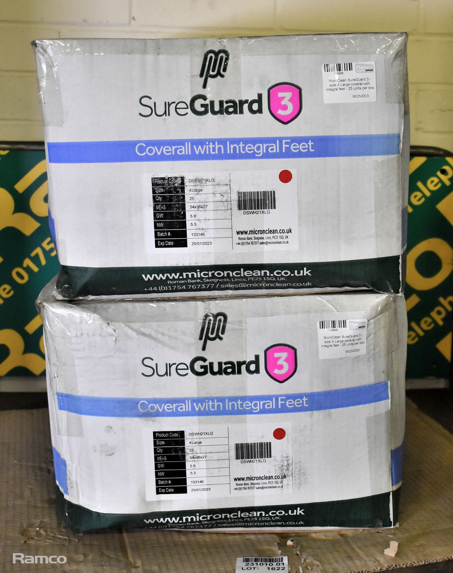 2x boxes of MicroClean SureGuard 3 coveralls with integral feet - size X Large - 25 units per box