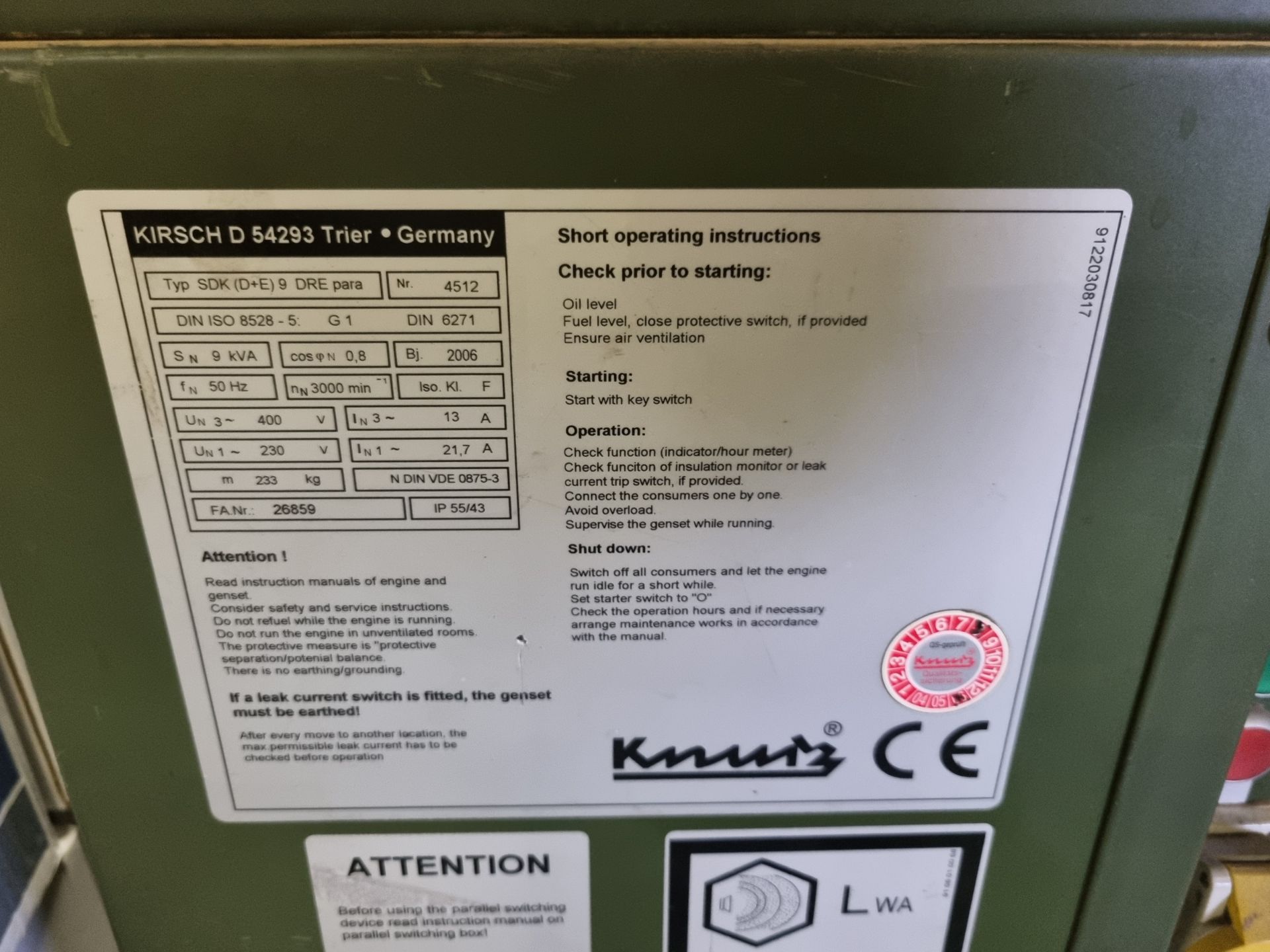 Knurz Kirsch D 54293 diesel generator Type SDK (D+E) 9 DRE - 9kVA - 2006 - 50Hz - Image 8 of 8