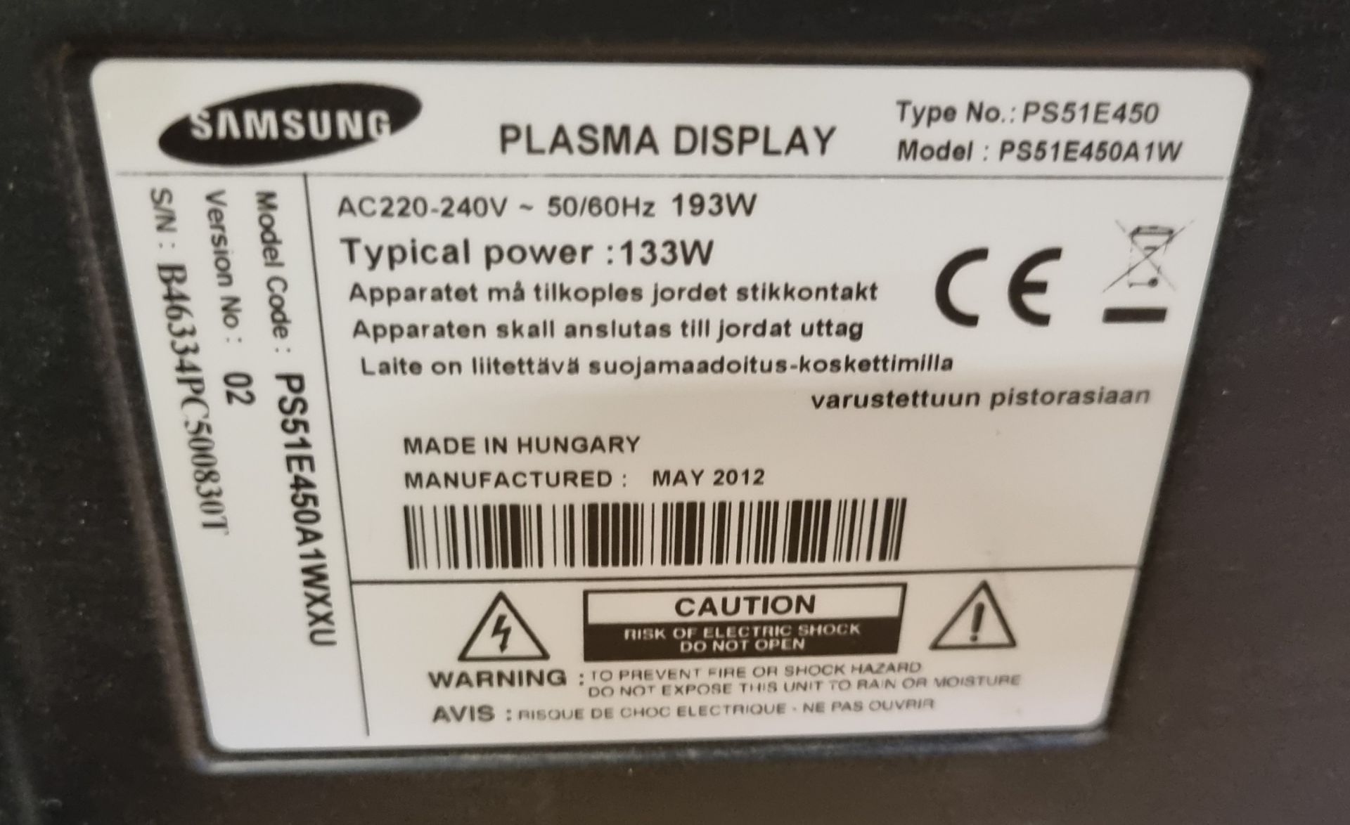 Samsung PS51E450A1W plasma monitor minus stand - W 1180 x D 60 x H 710 mm - Bild 4 aus 4