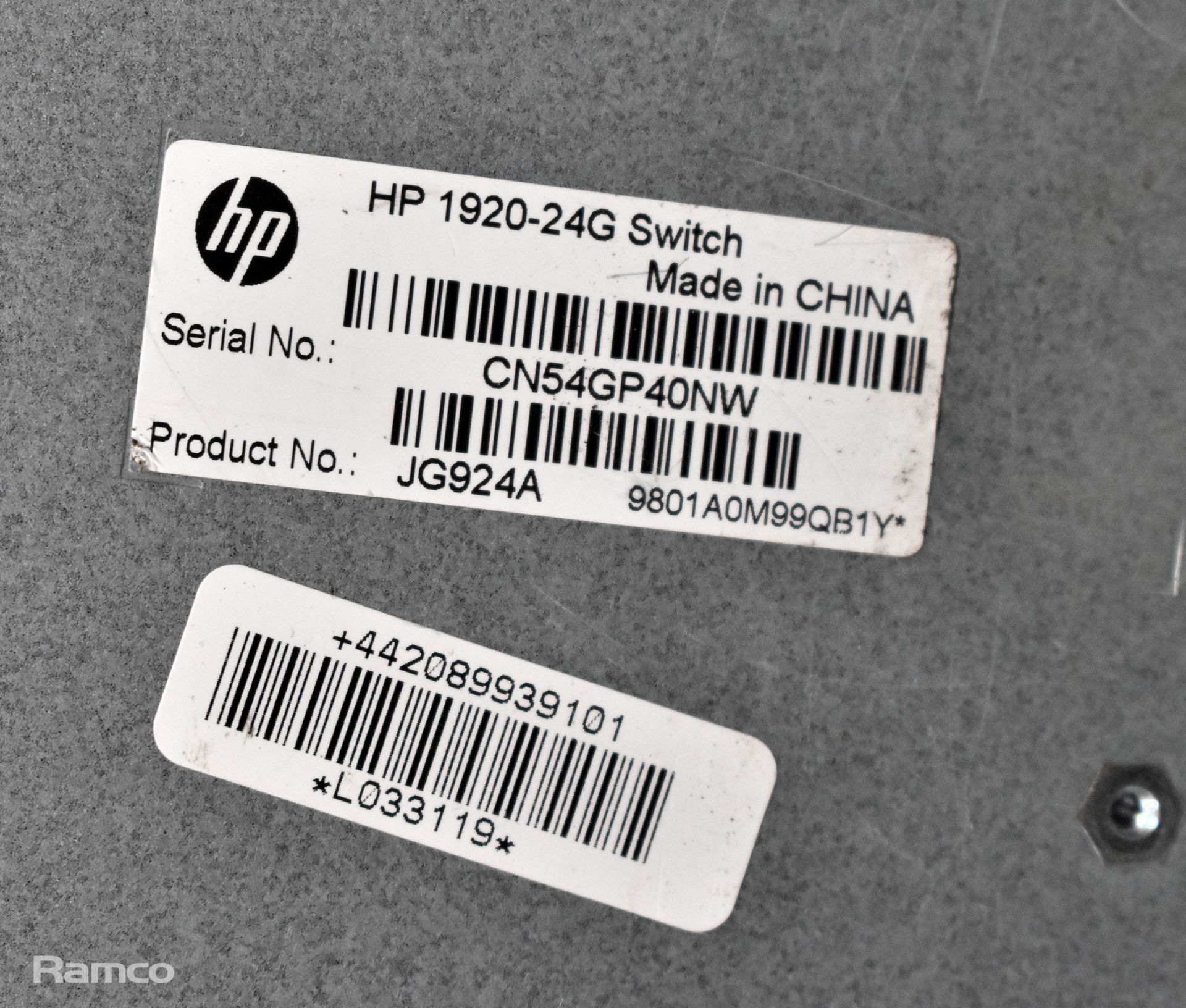 4x HP JG924A 1920-24G 24 port network switches - 1U rack mountable, HP JG539A 1910-24-PoE + 24 port - Image 6 of 6