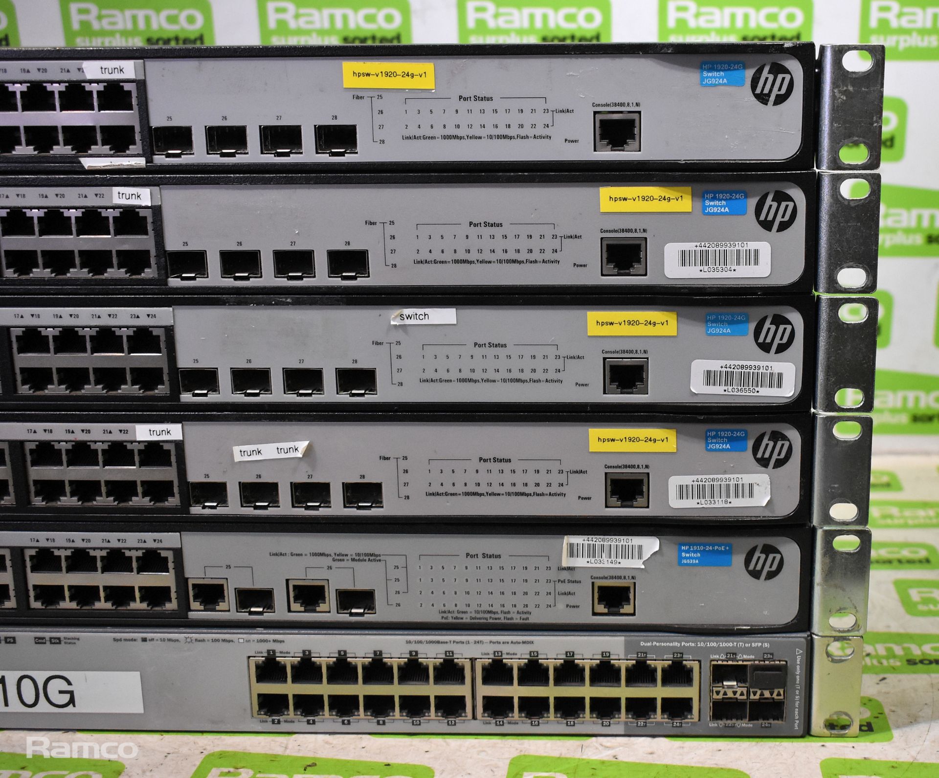 4x HP JG924A 1920-24G 24 port network switches - 1U rack mountable, HP JG539A 1910-24-PoE + 24 port - Image 3 of 6