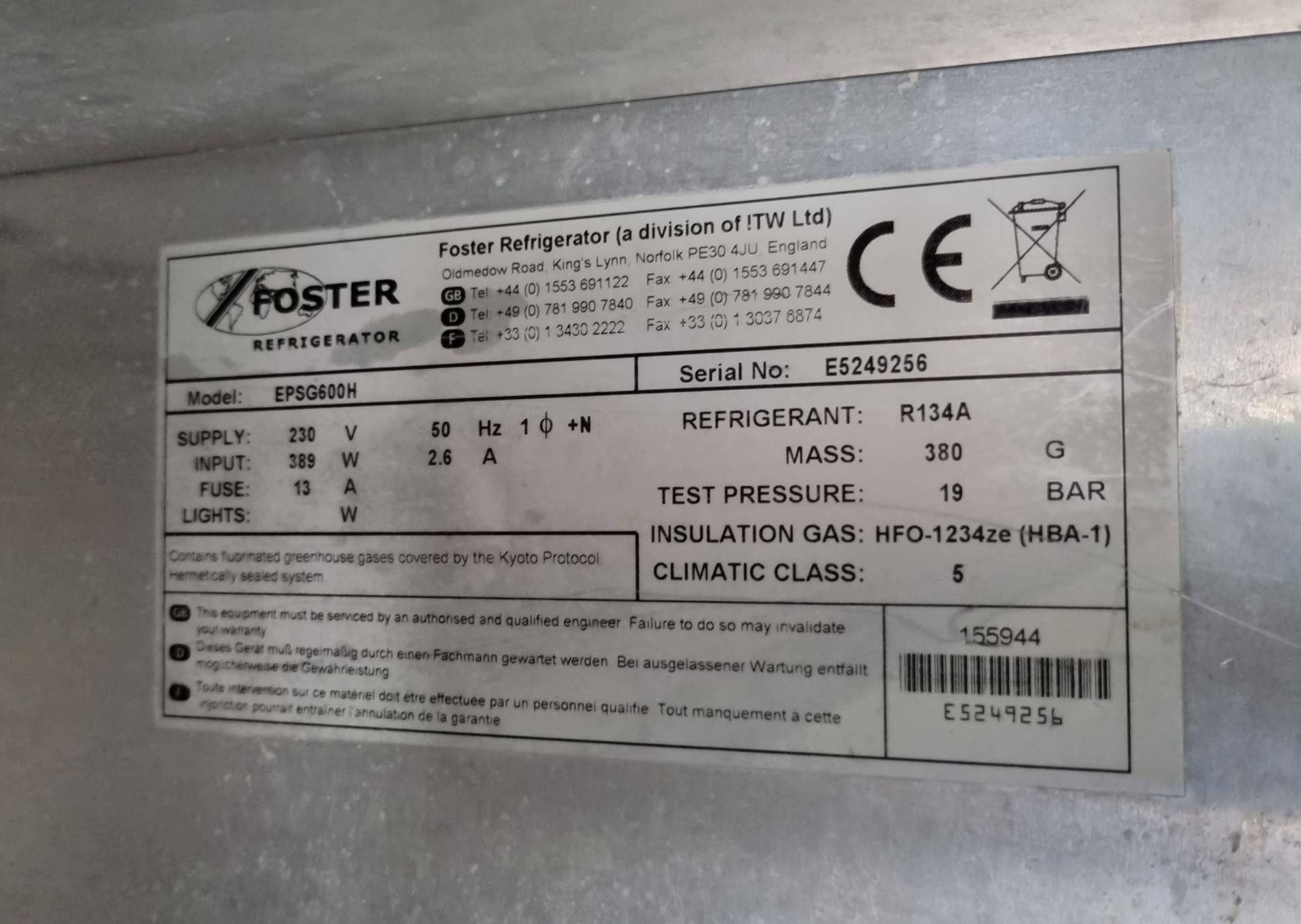 Foster EPSG600H refrigerator L 800 x W 700 x H 1950mm - Image 4 of 4