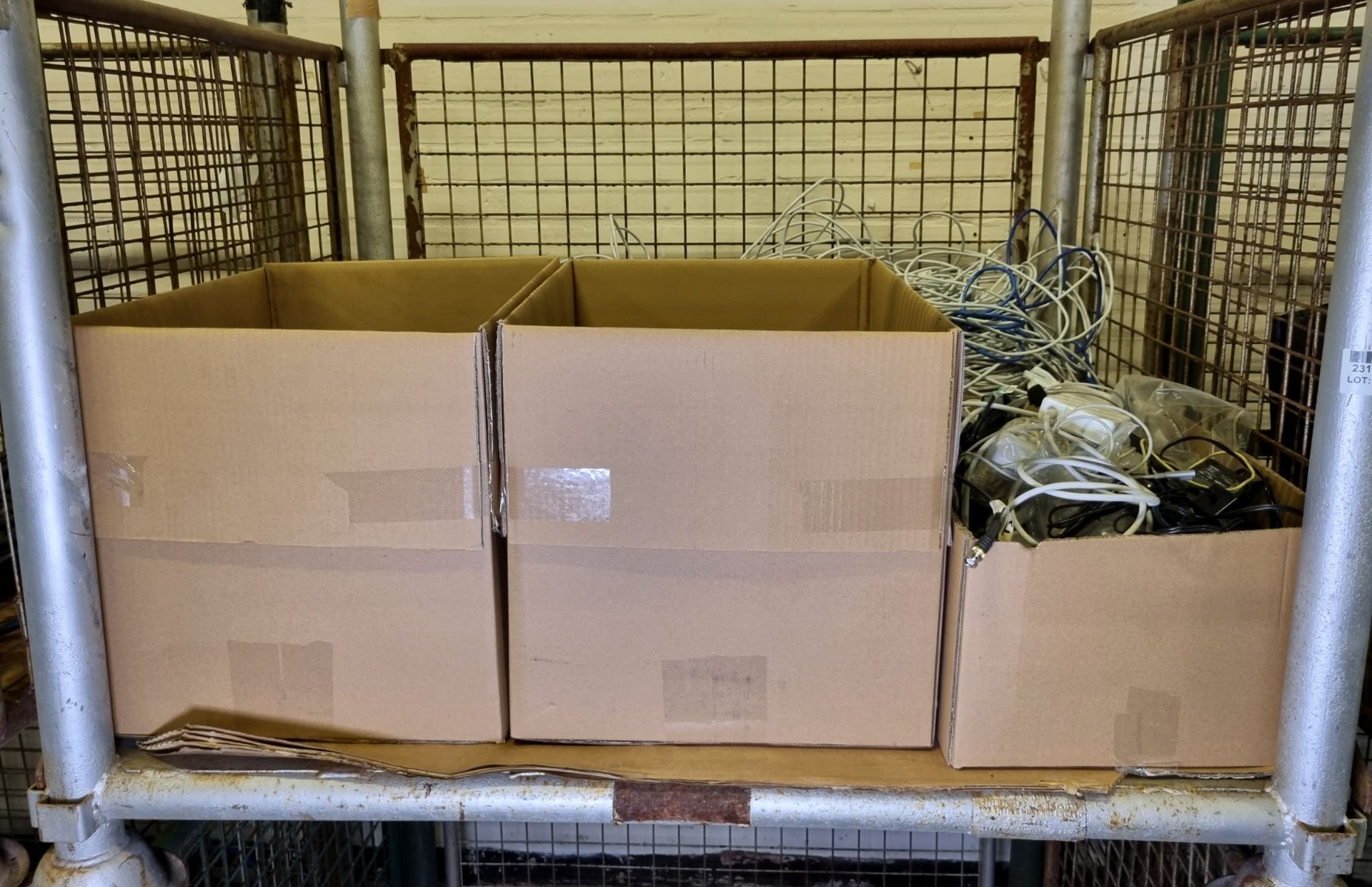 Various network cables - unknown lengths, 2x boxes of kettle leads - unknown lengths,