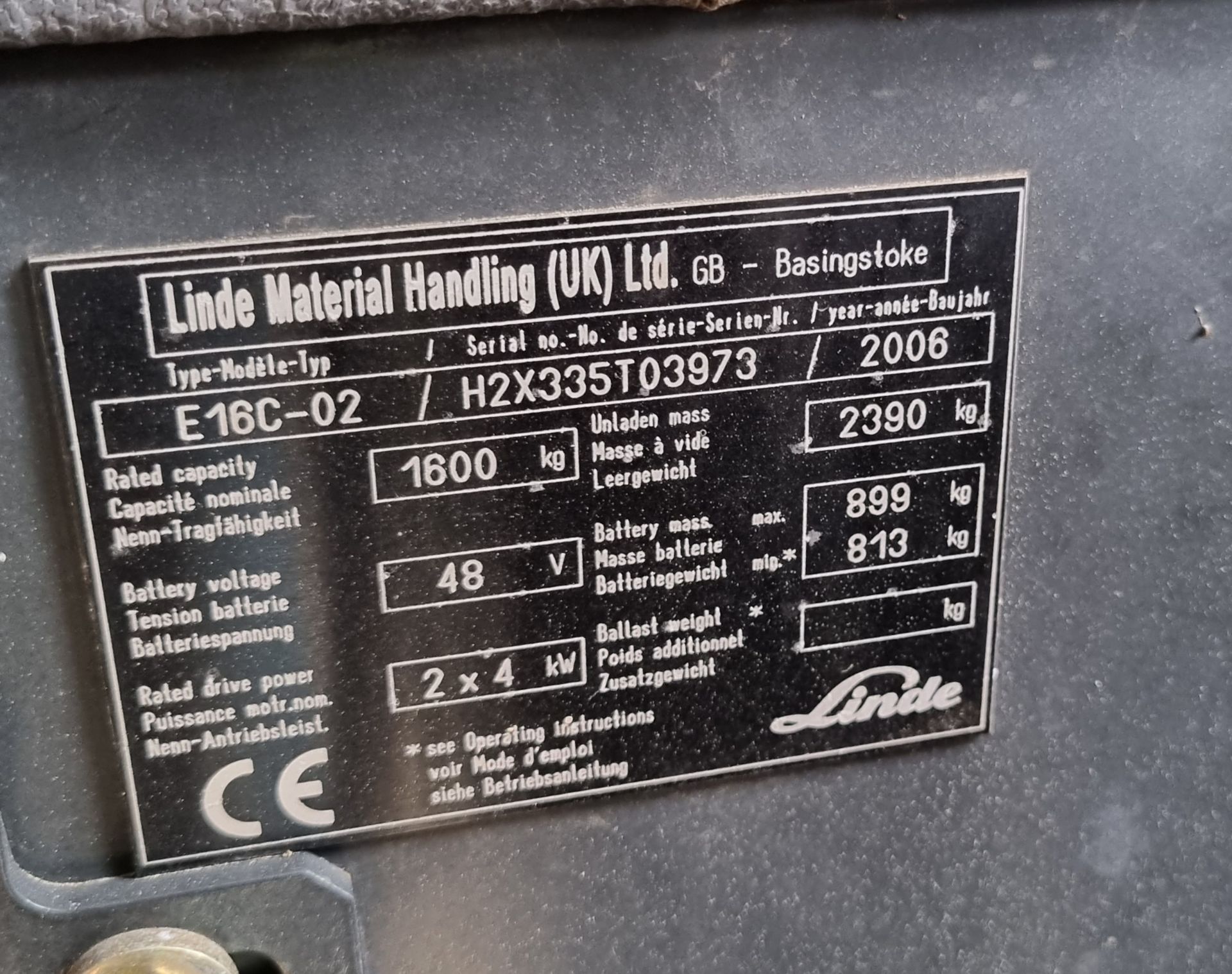 Linde E16C-02 2006 electric forklift - 1600 kg rated capacity - (broken back window) - AS SPARES - Image 18 of 20