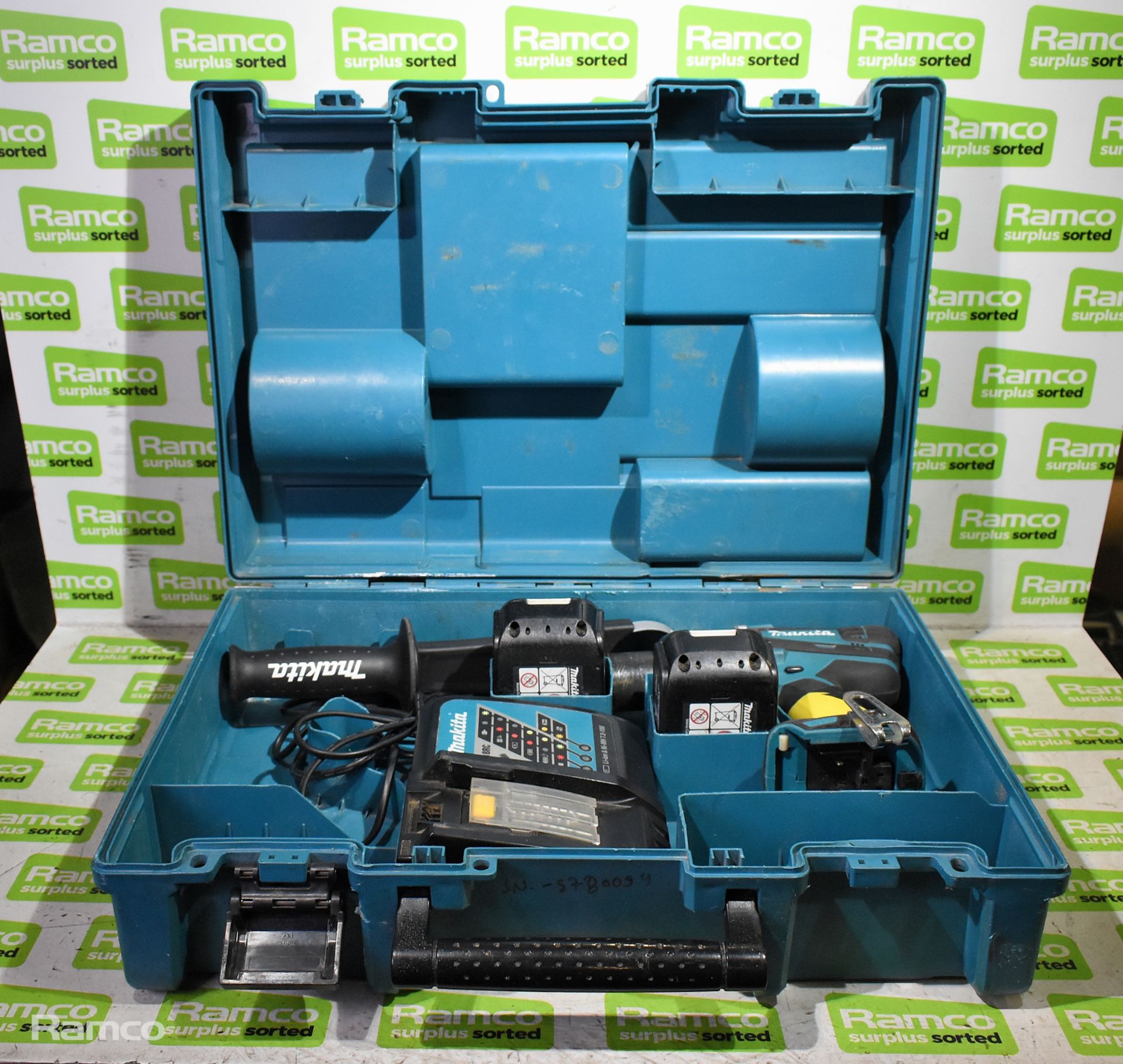 Makita DHP458 cordless drill with 2x BL1830 18V 3.0Ah batteries and DC18RC battery charger