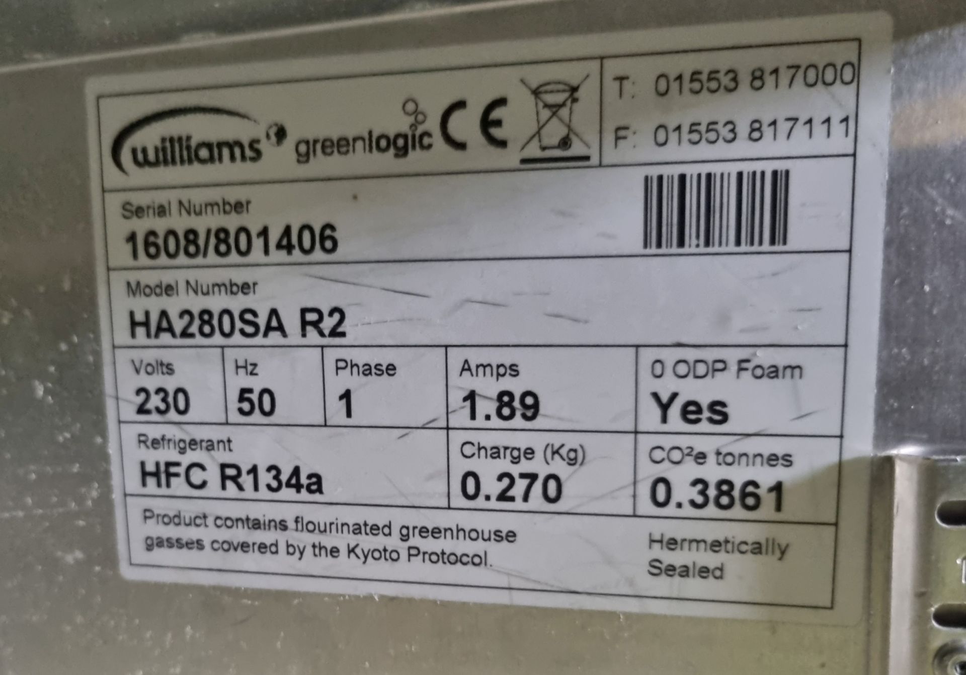 Williams Greenlogic HA280-SA 280 ltr undercounter double door stainless steel fridge - Image 4 of 4