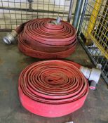 2x Angus Duraline 45mm lay flat hoses with couplings - approx 23m in length, Red lay flat hose